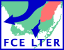 FCE logo - a blue border around a green-on-white outline of the south end of Florida, with a red patch representing developed areas and blue arrows showing water flow southward. "FCE LTER" text in blue.